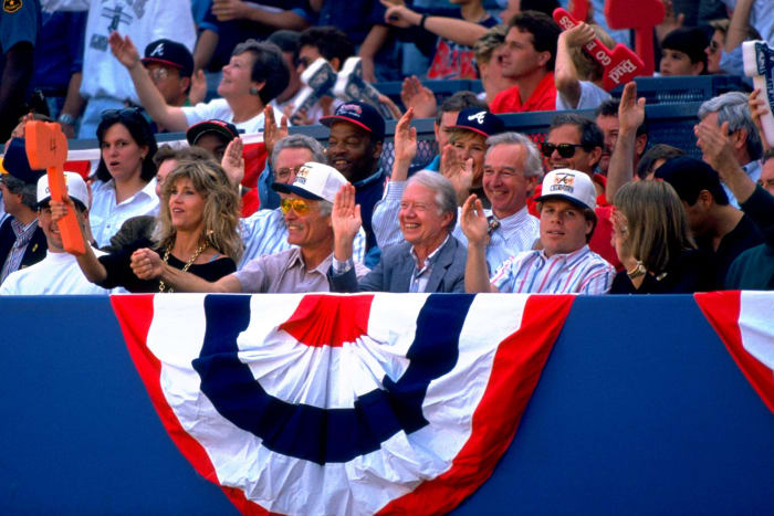Jane Fonda, Ted Turner and Jimmy Carter and an Atlanta game in 1991.